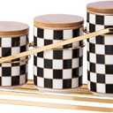Kitchen Countertop Ceramic Canisters Set, 3Pcs Grid Pattern Kitchen Jars with Layered Shelves, Sealed Countertop Flour and Sugar Containers, Coffee and Tea Storage