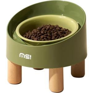 MS!MAKE SURE Cat Bowls, Adjustable Elevated Ceramic Cat Bowls with Anti-Slip Rubber Pad, Splash Guard, Lead & Cadmium Free, Whisker Friendly, for Puppies & Cats - 5.1" Wide, 295ML (10 oz), Green