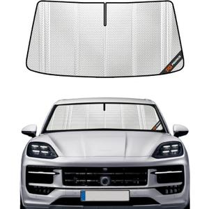 Windshield Sun Shade for Porsche Cayenne 2019-2025. Full Coverage Rearview Mirror Shade for Ultimate Protection (Shiny Silver (Upgrade))