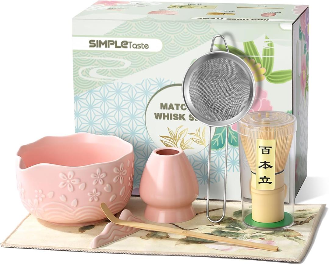 SIMPLETaste Matcha Whisk Set, 7 Pcs Ceramic Matcha Kit Includes Bowl, Whisk and Holder, Bamboo Scoop, Scoop Rest, Sifter and Tea Towel - Matcha Kit for Macha Lovers (Pink)