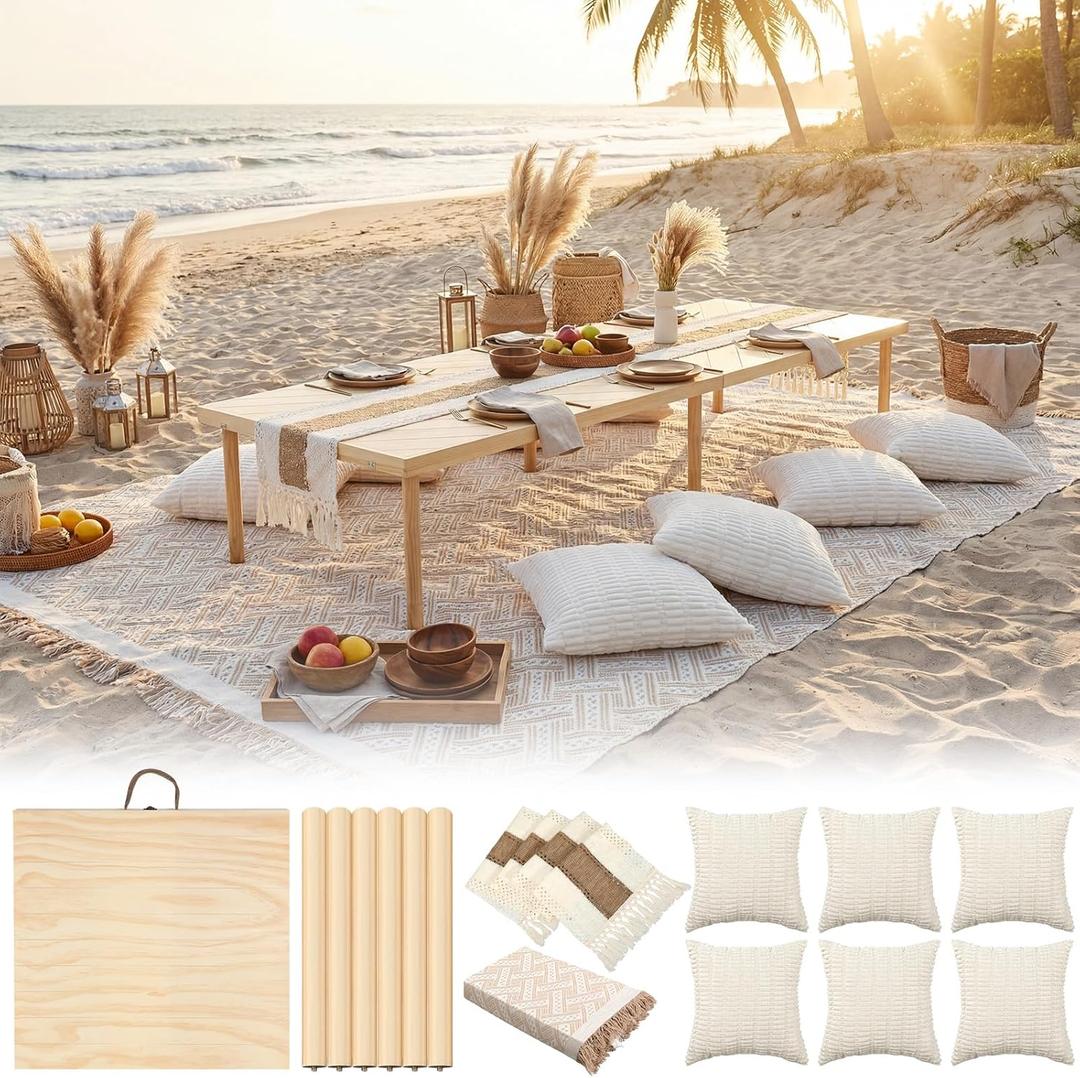 Novabright 9 Pcs Picnic Set Folding Table 30'' x 60'' Extra Large Outdoor Boho Picnic Blanket 91'' x 71'' Beige White Table Runner 6 Throw Pillow Cover Oversize Beach Blanket Washable for Camp Wedding