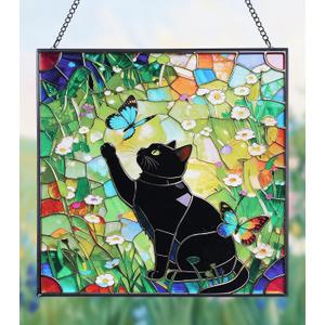 Cat Stained Glass Window Hanging, 7.9" Square Suncatcher with Chain Suction Cup, Cute Kitten Sun Catchers Indoor Window, Colorful Cat Decor for Wall, Porch, Birthday, Sleek Black Cat