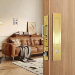 Pocket Door Lock with Handle, Heavy Duty Pocket Door Hardware, Space-Saving Hidden Sliding Door Pull, Privacy Lock Design, Fits Bathrooms, Bedrooms, Dressing Rrooms, Offices(Gold,Privacy Type)