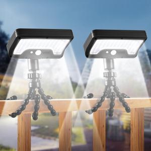 Solar Motion Lights Outdoor with Flexible Octopus Tripod, USB & Solar Powered Motion Sensor Lights with 92 LEDs(600LM,6000K), IP65 Waterproof Motion Activated Light for Fence, Camping, Gutter(2 Pack) (Black/Cool White6000K)