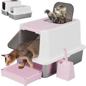 RIZZARI Stainless Steel Cat Litter Box, Enclosed Top-Entry Design, Large Capacity High-Sided Leak Proof Litter Pan for Cats, Easy Clean Pet Toilet (Pink)