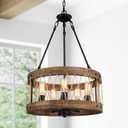 Farmhouse Chandeliers for Dining Room, 5-Light Rustic Drum Dining Room Chandelier Over Table, Wood Chandeliers Hanging Light Fixture for Bedrooms, Living Room, Entryway