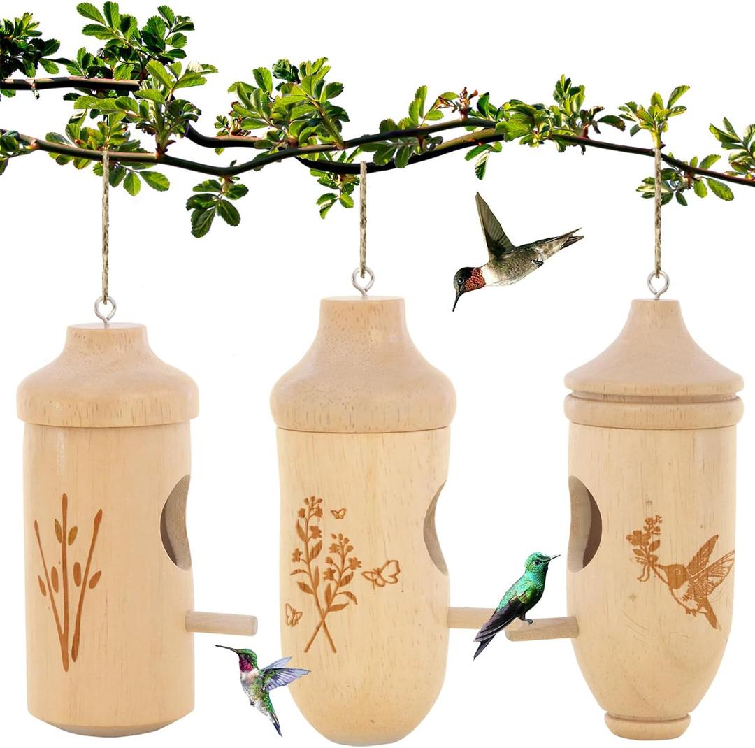 Hummingbird House - Natural Wooden Hummingbird Houses for Outside Hanging, Gardening Gifts for Women, Bird Lovers 3 Packs