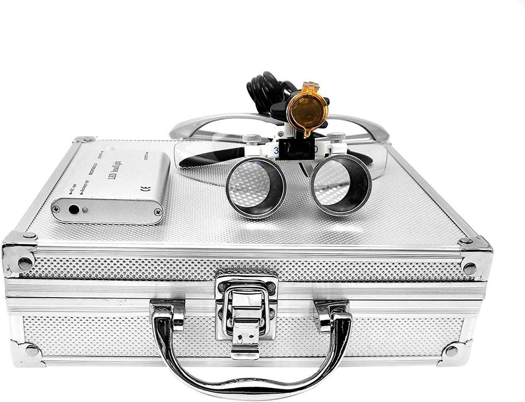EAST Brand 3.5X 420mm Working Distance Optical Glass Surgical Binocular Loupes and LED Head Light Lamp with Filter Aluminum Box Style (Silver)