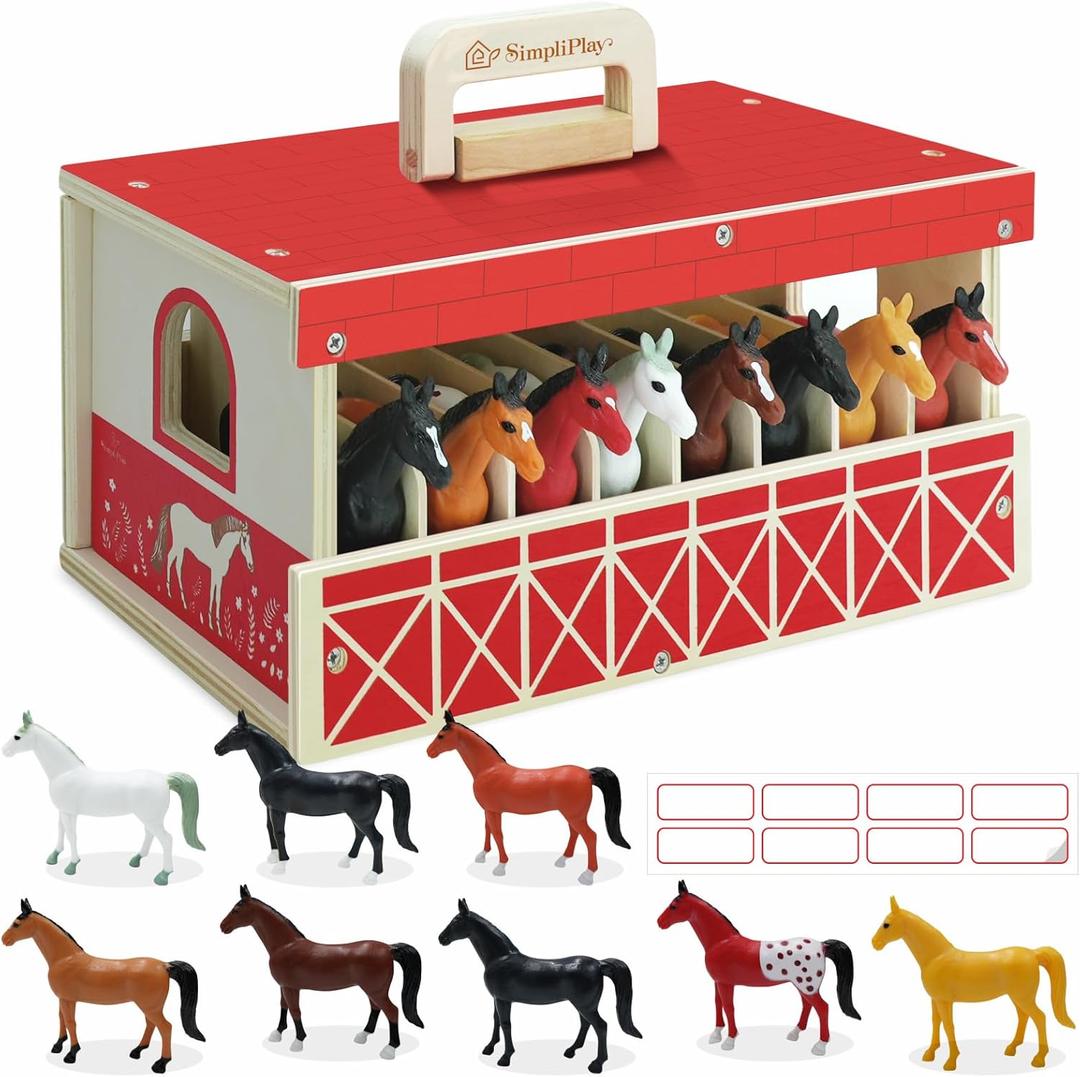 SIMPLIPLAY Wooden Horse Stable Playset, 8pcs Horse Toys with Take-Along Horse Stable and Name Sticker, Farm Animals Toys for Kids 3-5, Toy Horses for Girls 6-12, Boys Girls Birthday