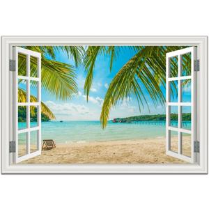 Beach Wall Art Decor Tropical Ocean Canvas Picture for Living Room White Window Frame Style Blue Seascape Paiting for Bedroom Coastal Theme Landscape for Home Office Decorations Ready to Hang(24"*36")