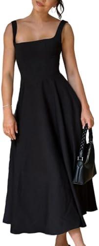 SHINFY Women's Summer Sleeveless Maxi Dresses Square Neck A-line Tank Dress Flowy Beach Vacation Sundress, S