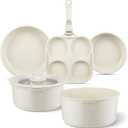 Ceramic Pots and Pans Set Non Stick Beige White, 7 Pcs Nonstick Cookware Set with Detachable Handle RV Camping Induction Kitchen Cookware Set Non Stick, PFAS PFOA & PTFE Free