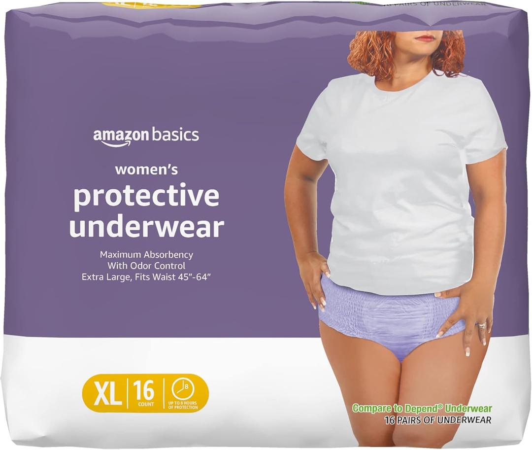 Amazon Basics Incontinence Underwear for Women, Protective, Disposable, Postpartum, Maximum Absorbency, X-Large, Lavender, 16 Count, 3 Packs Amazon Basics Incontinence Underwear for Women, Protective, Disposable, Postpartum, Maximum Absorbency, X-Large, Lavender, 16 Count, 3 Packs