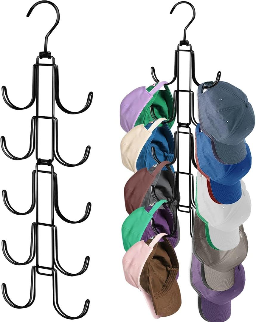 Hat Organizer for Closet, Collapsible Caps Rack with 10 Rotatable Large Hooks, Holds Up to 40 Baseball Caps, Metal Space Saving Hat Hanger for Display, Storage and Closet Organizers, Black