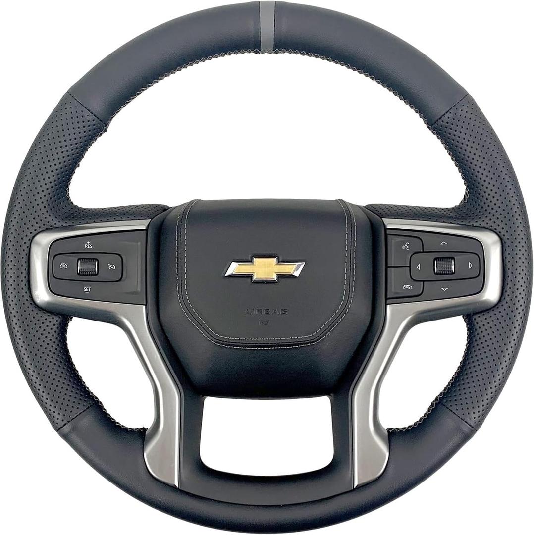 Hand-Sewing Steering Wheel Wrap Cover Black Perforated Leather/Grey Marker Strip Wrap Interior Protection Accessories for Chevrolet Silverado 1500 2019-2021 2500HD 3500HD/ Chevy Suburban 2020-2022