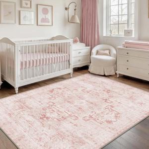 GENIMO 5x7 Area Rugs for Living Room, Machine Washable Non Slip Vintage Retro Rugs, Low Pile Lightweight Thin Print Rug for Bedroom, Dining Room, Home Office, Boho Pink