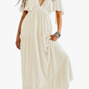 Kikibell Women Summer Dresses Sexy V-Neck Maxi Dress Tiered Silhouette with Flutter Sleeve Backless Elastic Waist Flowy Dress S