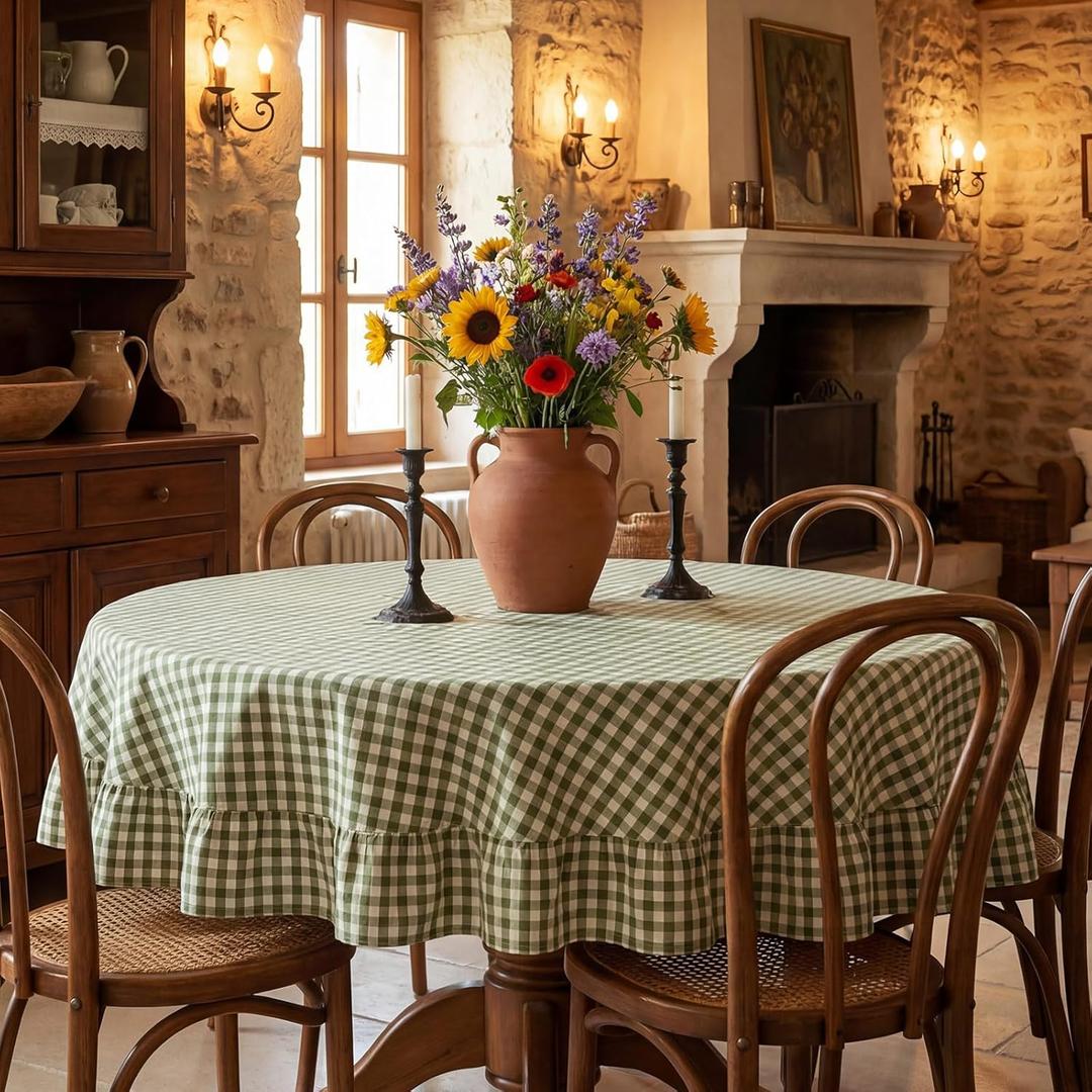 Mindsoft Sage Green Gingham Ruffled Tablecloth 70 x 70 Inches Round Cotton Linen Checkered Table Cloth Buffalo Plaid Farmhouse Vintage Decorative Tablecover for Picnic Kitchen Dining Room Home Party