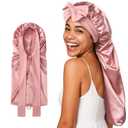 Umisleep Silk Bonnet for Sleeping Women, 22 Momme Mulberry Real Silk, Long Hair Bonnet for Braids & Curls to Reduce Frizz, Double Layer Hair Wrap with Soft Adjustable Tie Band, Pink