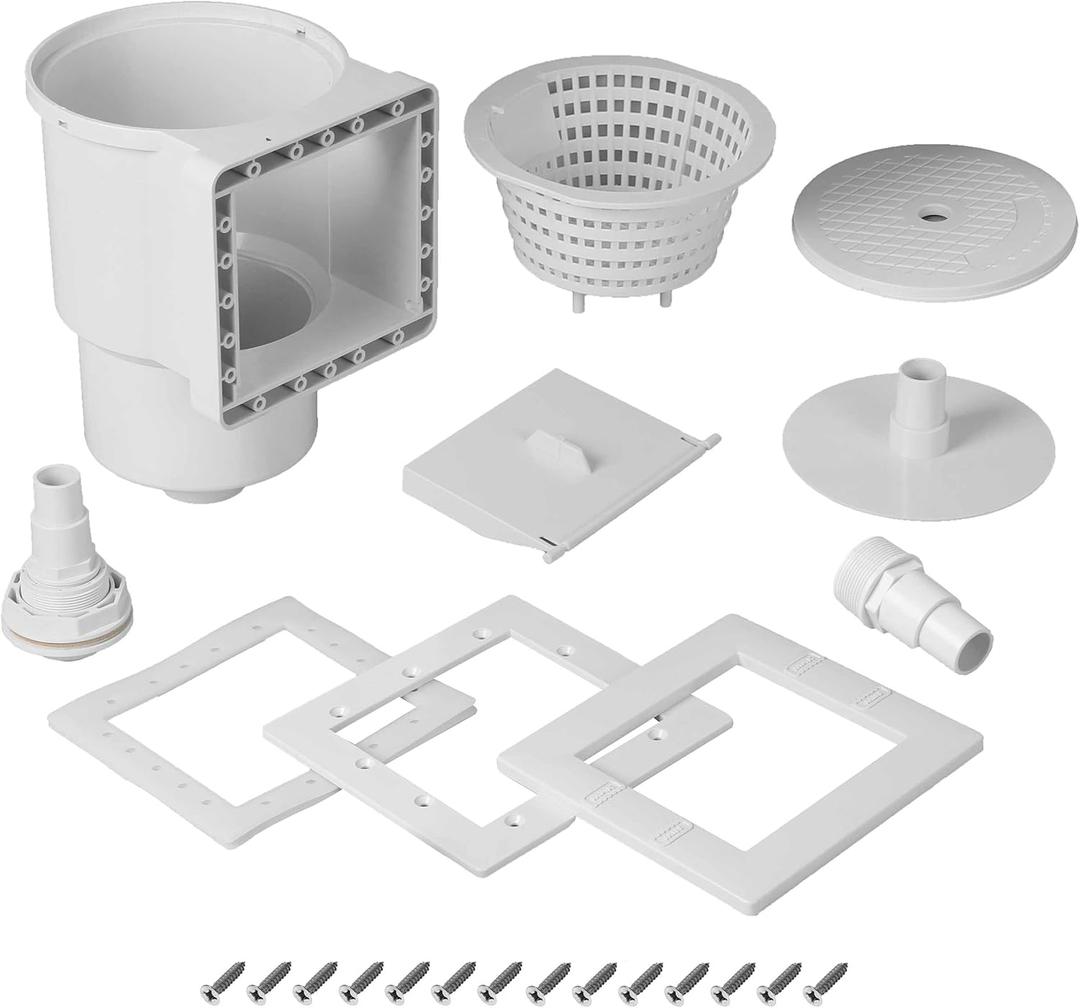 TonGass (Complete Set Universal Fit Above Ground Pool Skimmers (White) Pool Skimmer Accessory Kit ABS Plastic Thru-Wall Skimmer with Accessories Opening Width 6" Fits All Standard Pools Wall Cutouts