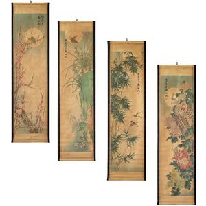 Wall Scroll Hanging Painting Decor, Chinese Traditional Art Set of 4 Vintage Flower Paintings Ancient Painting Replica, Plum Orchid Bamboo Chrysanthemum