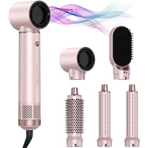 5 In 1 Hair Styler & Hot Air Brush - Air Curling Wrap with Low-Speed Negative Ion Technology, Hair Dryer Brush for Drying, Curling, Straightening & Styling, Hair Styling Tools at Home (Pink)