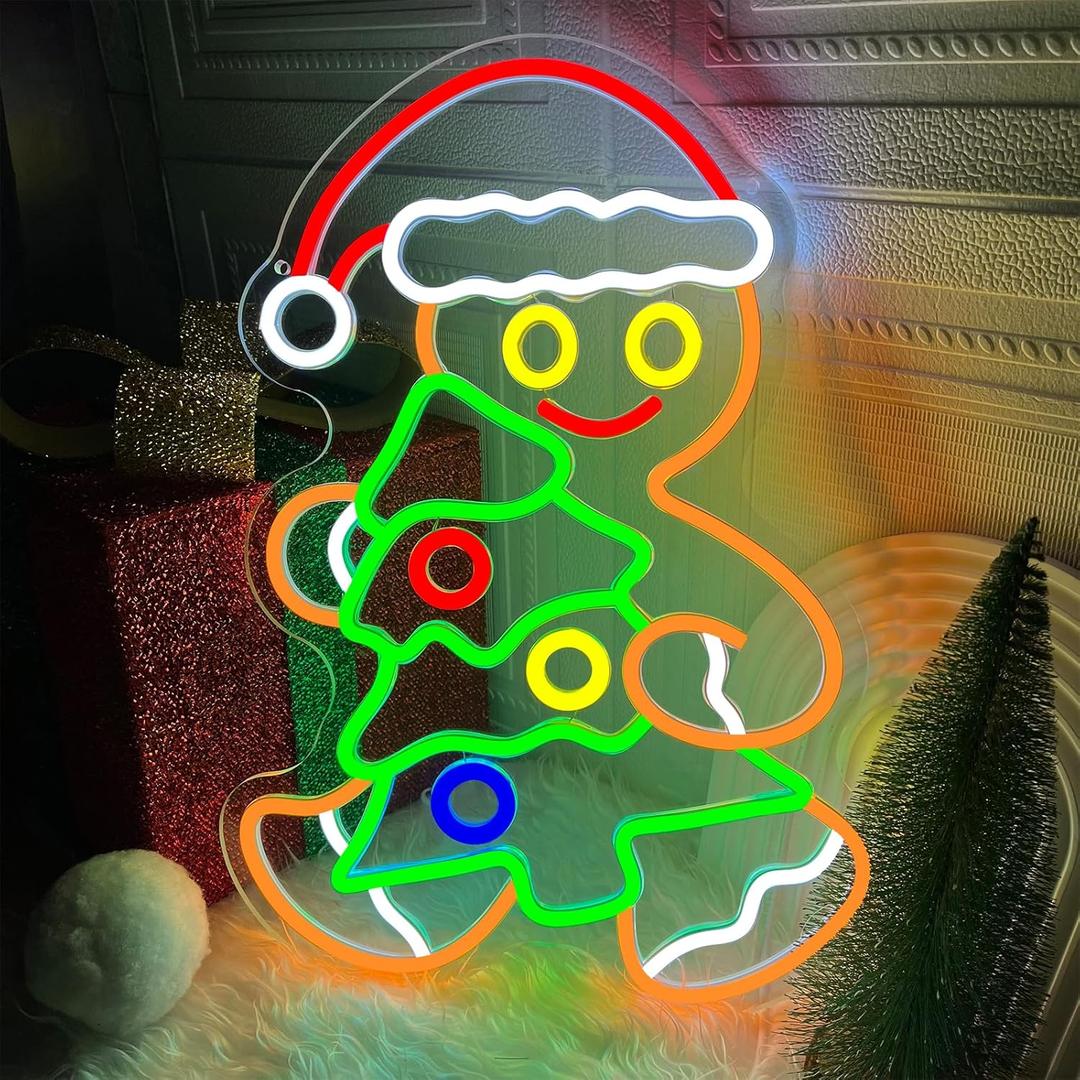 Gingerbread Man Neon Sign Xmas Tree Led Neon Light for Wall Decor, Dimmable USB Powered Cute Christmas Neon Light Up Sign for Winter Presents Bedroom Living Room Home Office Man Cave Bar Decorations