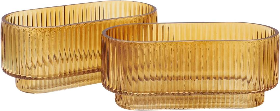 Ribbed Glass Vases, Small Vases for Flowers Set of 2, Amber Glass Vase for Centerpieces, Rectangle Bud Vases for Living Room, Bedroom, Kitchen, Dining Table, Shelf, Wedding