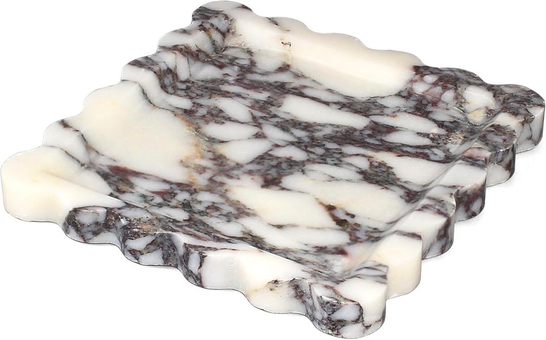 Square Marble Vanity Tray with Scalloped Edge - Natural Marble Perfume Tray Decor for Dresser, Vanity, Kitchen, Home Decor, Decorative Square Stone Tray - Calacatta Viola 8 * 8 inch
