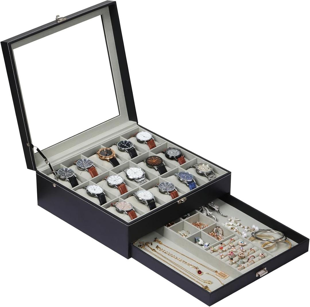 AUTOARK 2-Layer Watch Box Organizer,Holds 15 Watches + Jewelry,Black,A-137