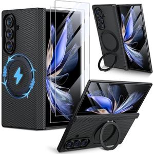 Hoerrye for Samsung Galxy Z fold 7 Case - Compatible with MagSafe [2Pcs Screen Protector] [Military-Grade Drop Protection] Carbon Fiber Magnetic Cover with 360 Adjustable Stand, Black