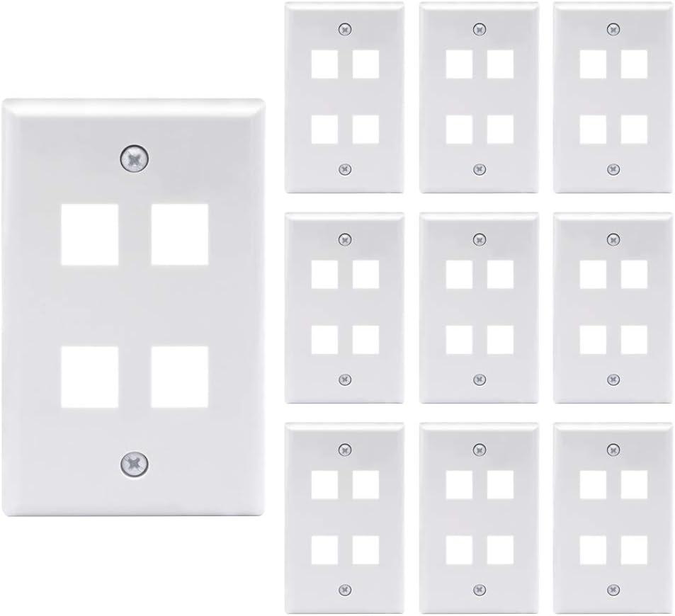VCE 4 Port Keystone Wall Plate UL Listed (10-Pack), Single Gang Wall Plates for RJ45 Keystone Jack and Modular Inserts, White