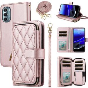 Argyle Wallet Case for Motorola Moto G31/G41 with Wrist Strap Shoulder Strap 9+ Card Slot Zipper Purse Luxury PU Leather Stand Checkered Cell Phone Cover for MotoG31 MotoG41 G 31 41 Rose Gold