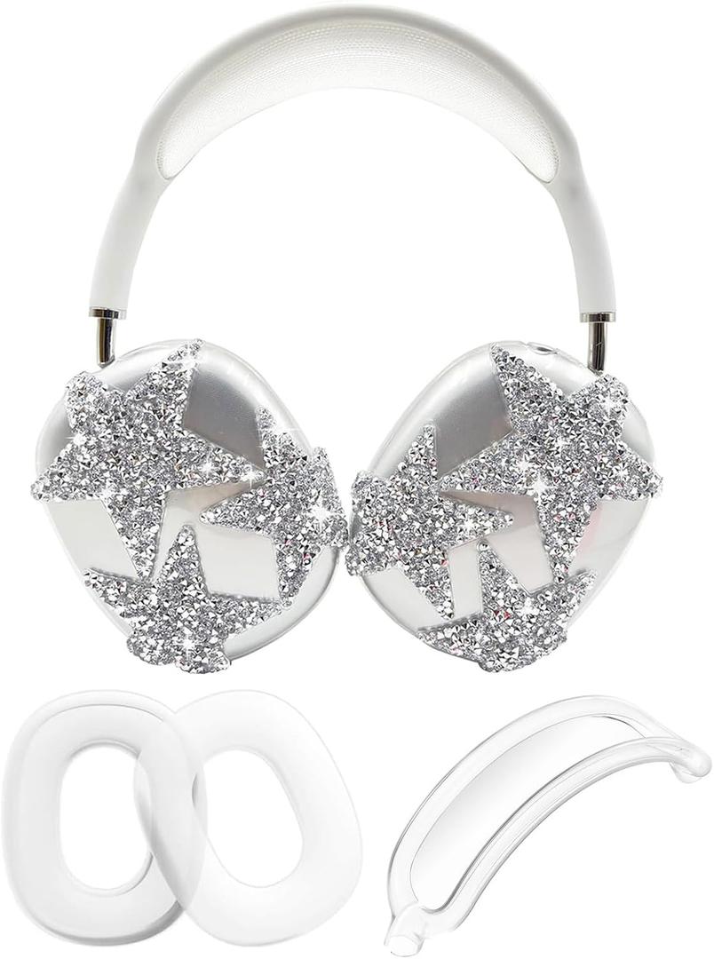 3 in 1 Bling Case Cover for AirPod Max, Clear TPU Glittering Rhinestones Stars Protective Ear Cups Covers Silicone Earpad Headband Covers Compatible for Apple AirPods Max Headphones (Star)