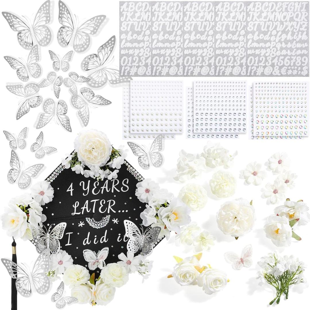 Hoteam DIY Graduation Cap Decorations Kit Included Faux Flowers 3D Butterfly Self Adhesive Rhinestones Glitter Alphabet Letter Stickers for 2026 Grad Cap Topper Party Gifts Decor(White)