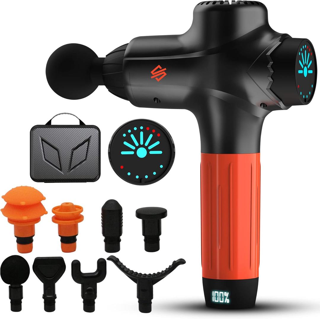 SQUATZ Portable Electric Massage Gun - Touchscreen Controls, Handheld Deep Tissue Massager for Sports Relief, 7 Speed Levels & 8 Massage Heads, 4800mAh Battery, High Power & Low Noise