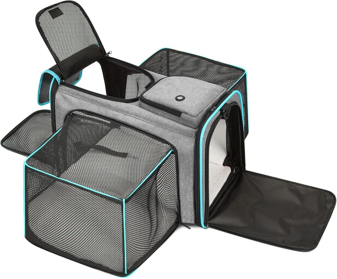 Cat Dog Carrier Bag, 5 Sides Open Doors, 2 Sides Expandable, Large Soft Sided Pet Carriers with Removable Pad, 19x12x12 Inch for Kitten, Rabbit, Puppy, Small Animal, Airline Approved (Extension Lake Blue_Grey)