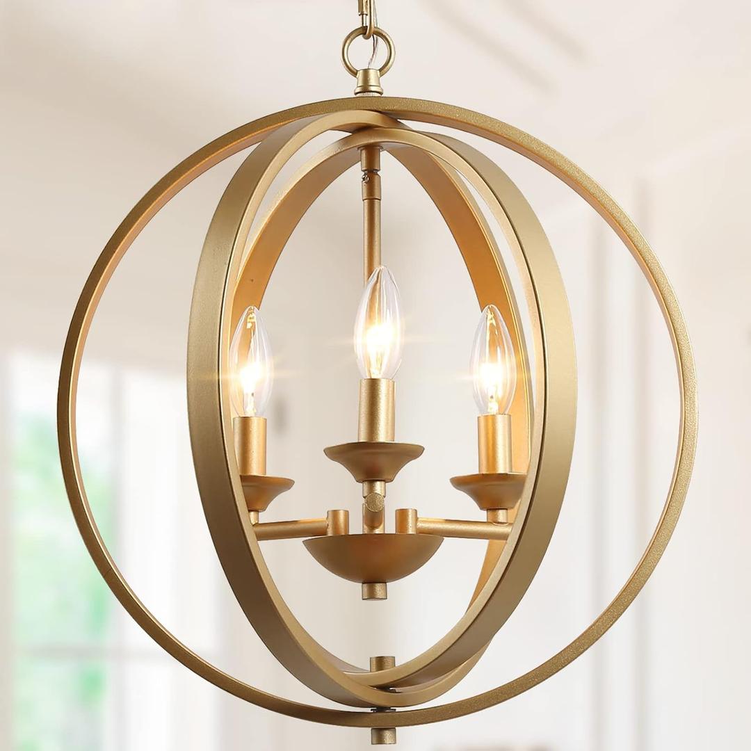 KSANA Gold Chandelier, 3-Light Modern Gold Orb Pendant Light Fixtures, Globe Foyer Pendant Lighting for Kitchen Island, Dining Room & Entryway, 15.5'' L x 18'' H, Soft Gold