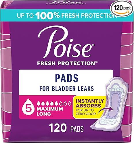 Poise Incontinence Pads and Postpartum Incontinence Pads, 5-Drop Maximum Absorbency, Long Length, 120 Count (2 Packs of 60), Packaging May Vary