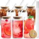 HOMBERKING Glass Cups with Bamboo Lids and Straws 8pcs Set, 20oz Cups, Beer Glasses, Iced Coffee Cups, Cute Tumbler with 2 Cleaning Brushes, Ideal for Cocktail, Whiskey, Tea, Gift (8 Packs, Clear)