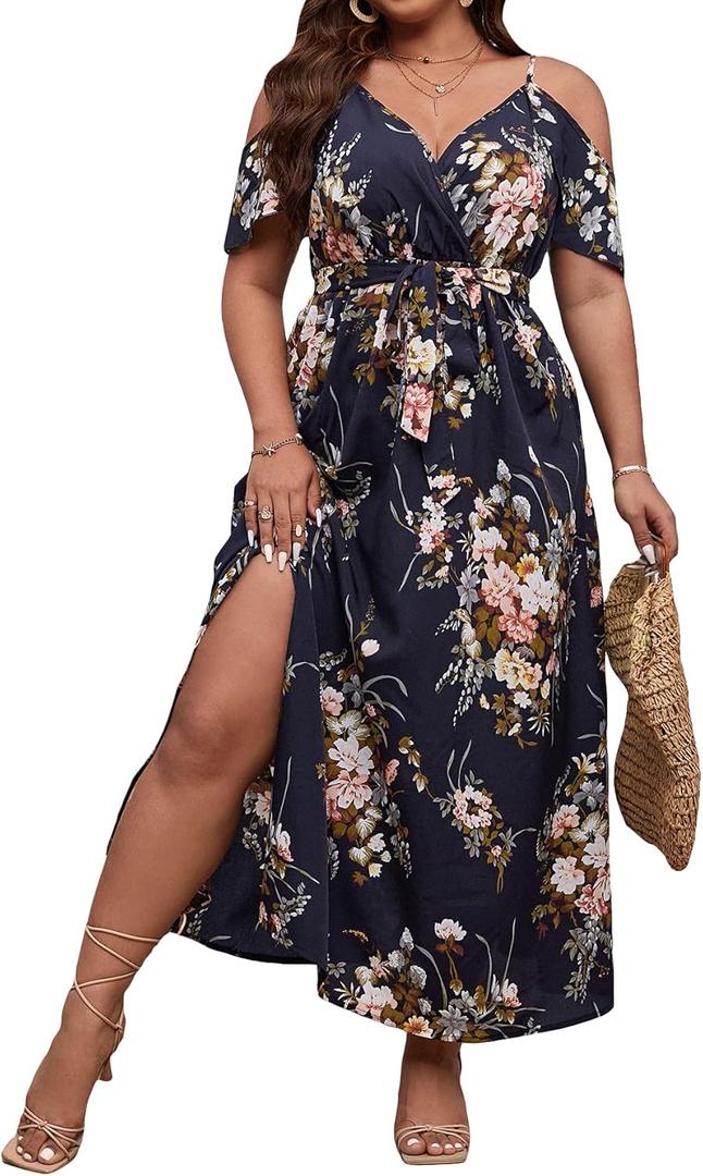 Floerns Women's Plus Size Cold Shoulder Short Sleeve Split Thigh Long Dress (3X-Large Plus, Black Floral)