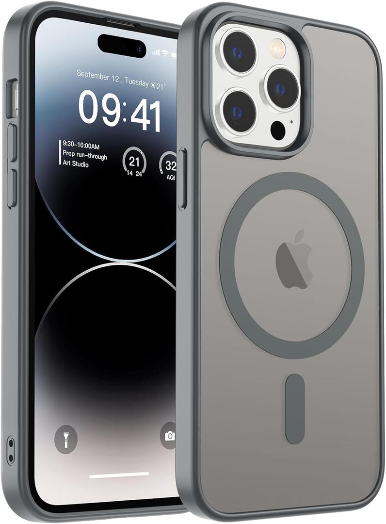 Magnetic for iPhone 14 Pro Case, [Compatible with MagSafe] [Military Grade Drop Protection] Translucent Matte Shockproof Anti-Scratch Phone Cover, Dark Gray
