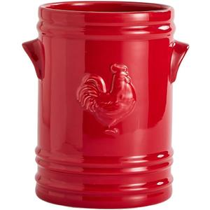 WAIT FLY Embossed Rooster Porcelain Kitchen Utensil Holder Flatware Storage Organizer Utensil Crock for Countertop Kitchen Counter Decor-Red-1 PCS
