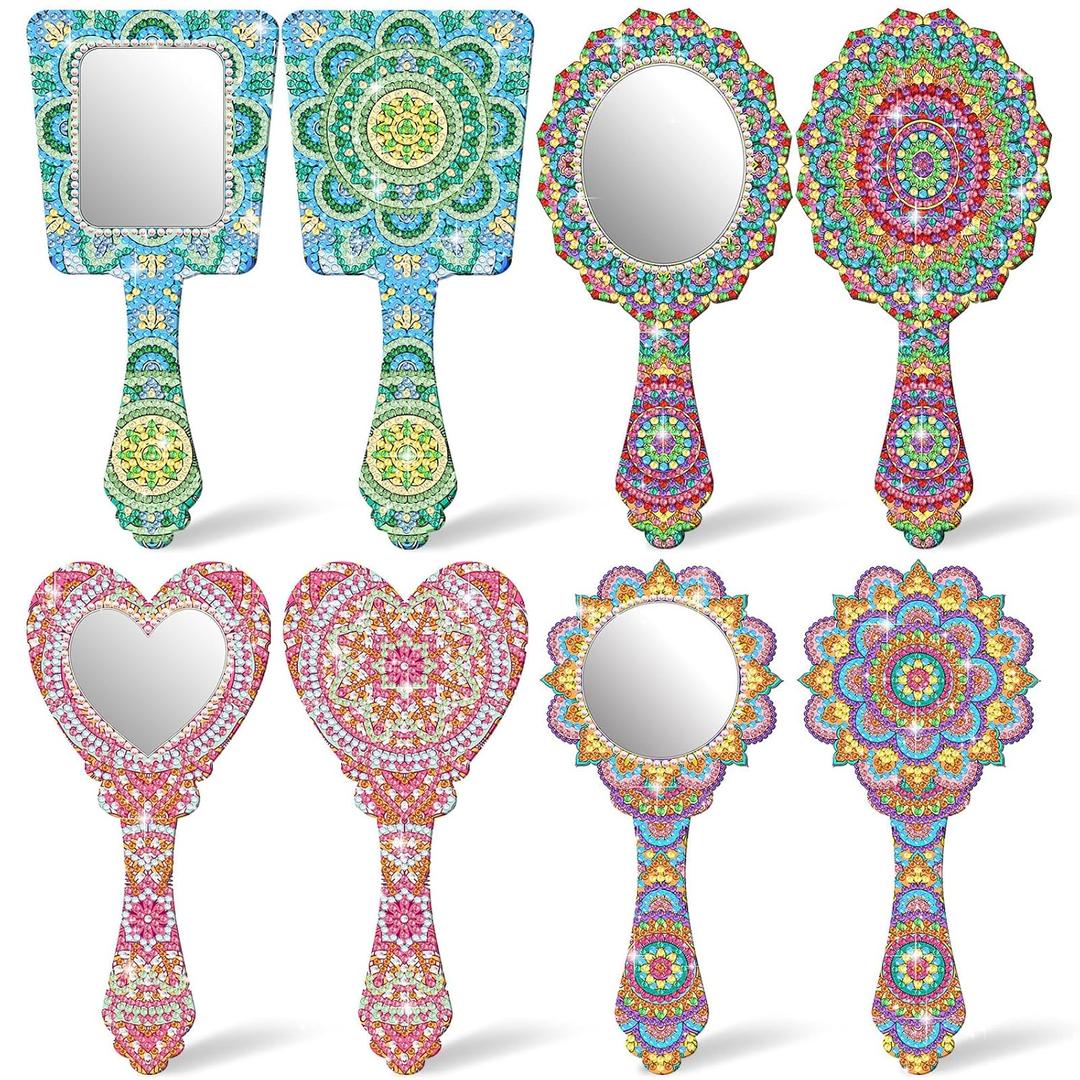 4 Pcs Diamond Painting Mirror Handheld Kits Valentine Christmas Art Gifts Compact Decorate Your Own Mirror for Hand DIY Crafts