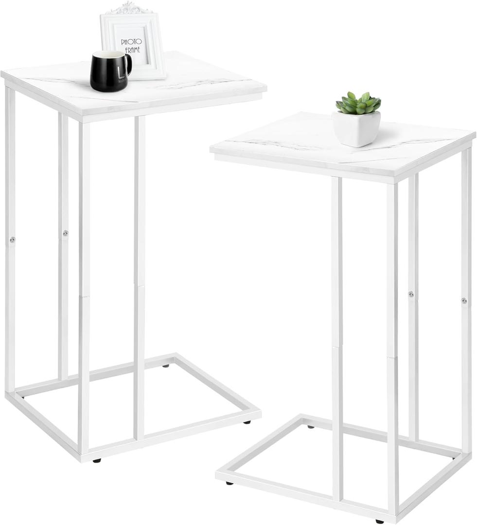 C Shaped End Table Set of 2 for Sofa and Bed, Slide Under Couch Tables, Side Table With Faux Marble Top, Small Under Table Tray for Living Room, Bedroom, White