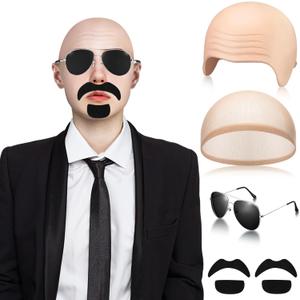 Mepase Bald Caps with Glasses and Mustache Bald Head Wig Cap Party Costume Accessories for Women Men Halloween Cosplay