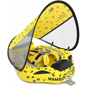 Mambobaby Baby Pool Float with Canopy, Non-Inflatable Infant Baby Swim Float Trainer with Safe Seat & Tail Support for Toddler, Mambo Baby Float Solid UPF 50+ Sun Protection, Large