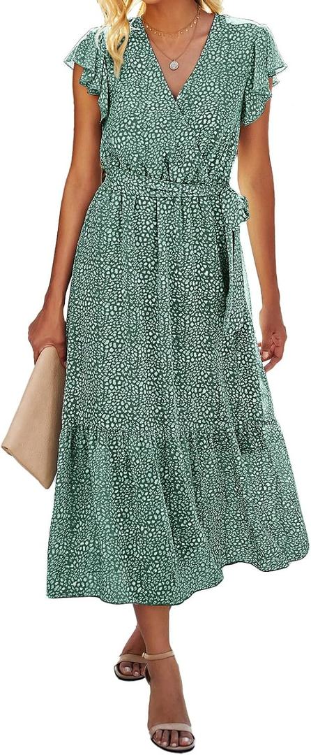 BTFBM Women Summer Bohemian Floral Casual Wrap V Neck Ruffle Cap Sleeveless Belt A-Line Pleated Hem Swing Midi Sun Dress (Dark Green, l)