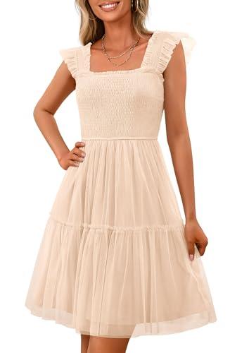 PRETTYGARDEN Womens 2025 Trendy Mini Summer Dresses Sleeveless Tulle Ruffle Square Neck Tiered Smocked Beach Vacation Dress (Apricot,Small)