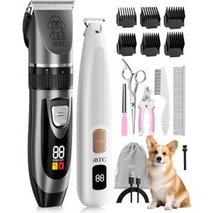 iBTC Dog Clippers and Paw Trimmer Kit 2 in 1 Low Noise Cordless Dog Clippers for Grooming Pet Hair Trimmers for Small and Large Dogs Cats Animals(Grey and White Set)